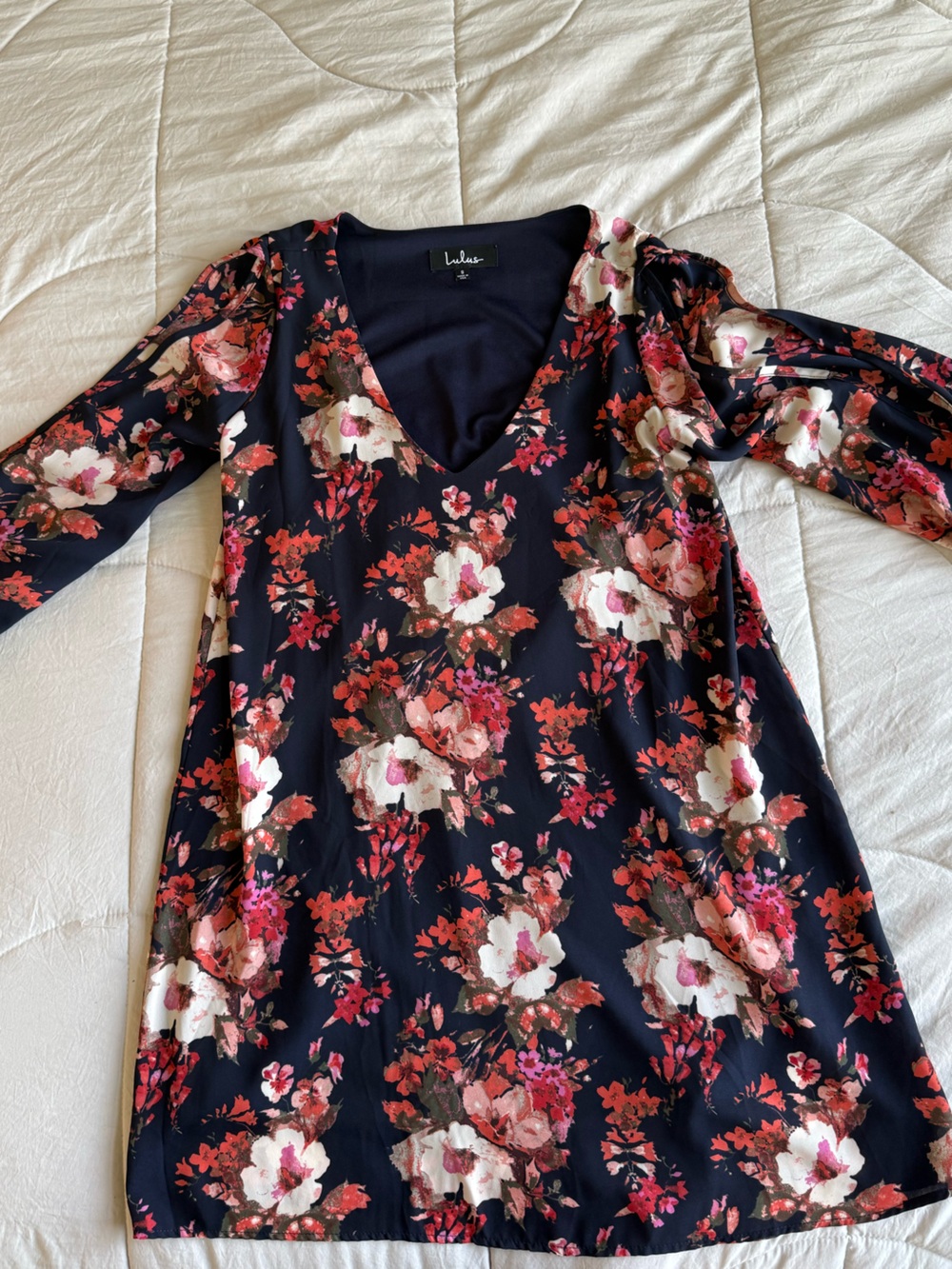 Lulu's Navy Floral V-Neck Long Sleeve Dress with Pink & Cream Blooms